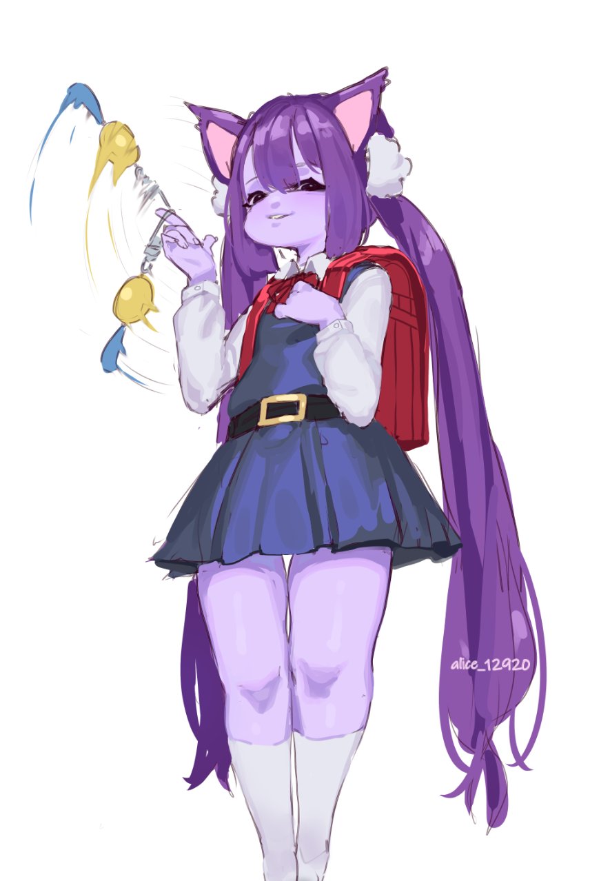 1girl, animal_ears, artist_name, backpack, bag, belt, black_eyes, blue_dress, child, colored_skin, cosplay, crime_prevention_buzzer, dress, eyebrows, eyelashes, feet_out_of_frame, female_focus, from_below, hand_on_own_chest, hands_up, highres, index_finger_raised, indie_virtual_youtuber, league_of_legends, long_hair, long_sleeves, looking_at_viewer, looking_down, low_twintails, lulu_(league_of_legends), neck_ribbon, purple_hair, purple_skin, randoseru, red_bag, red_ribbon, ribbon, school_uniform, shigure_ui_(vtuber), shigure_ui_(vtuber)_(cosplay), shigure_ui_(young)_(vtuber), shirt, simple_background, sleeveless, sleeveless_dress, smug, socks, solo, squishhee, standing, thigh_gap, twintails, very_long_hair, virtual_youtuber, watermark, white_background, white_shirt, white_socks, yordle