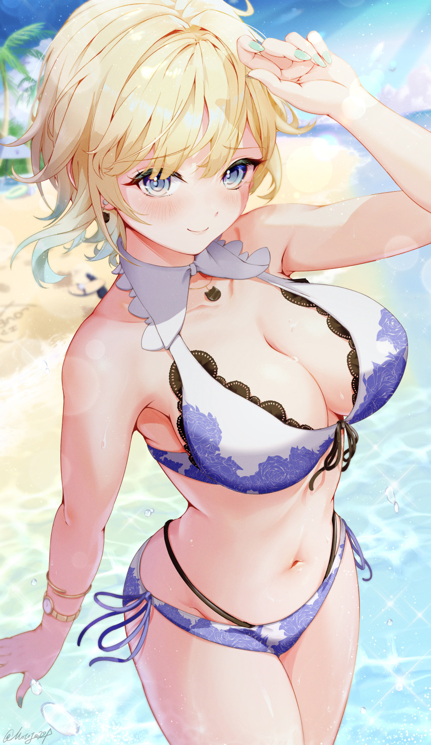 1girl, absurdres, aizawa_ema, aizawa_ema_(summer_c102), alternate_hairstyle, aqua_nails, armpits, beach