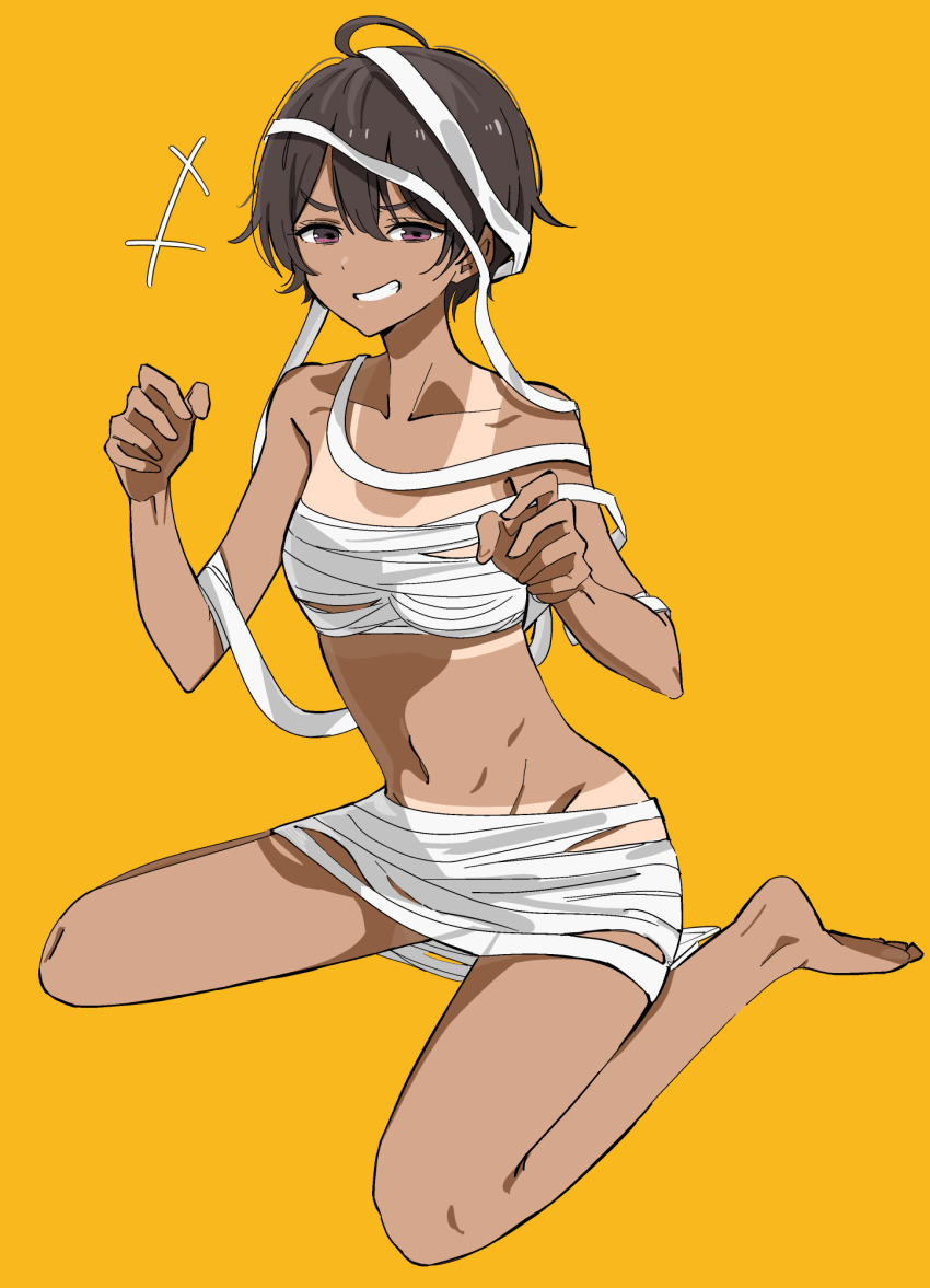 1girl, 818_seki, bandages, black_hair, dark-skinned_female, dark_skin, highres, make_heroine_ga_oo_sugiru!, naked_bandage, short_hair, sitting, smile, solo, stomach, tan, tanline, wariza, yakishio_lemon, yellow_background
