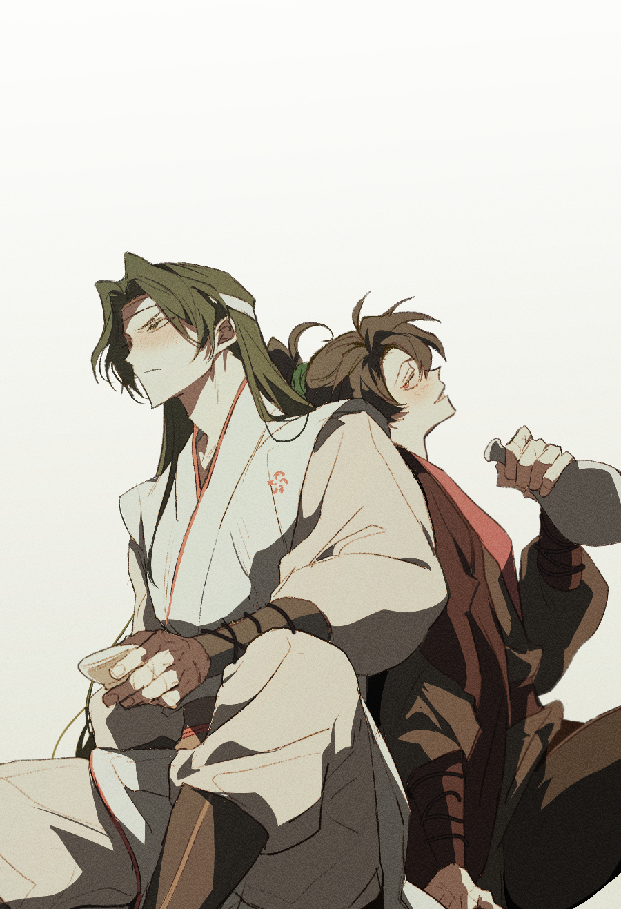 2boys, alcohol, arm_on_knee, back-to-back, baekcheon_(return_of_the_mount_hua_sect), black_hair, black_robe, blush