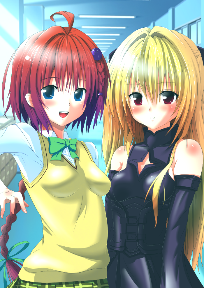 10s, 2girls, ahoge, bad_id, bad_pixiv_id, bare_shoulders, blonde_hair, blush