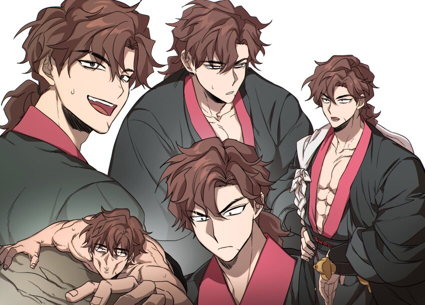 1boy, abs, absurdres, black_robe, brown_eyes, brown_hair, climbing, fang