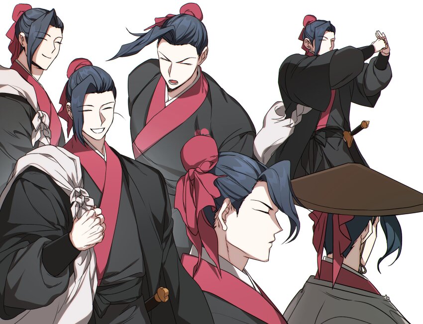 1boy, absurdres, black_hair, black_robe, bun_cover, closed_eyes, ghkrnlrpseb, hat