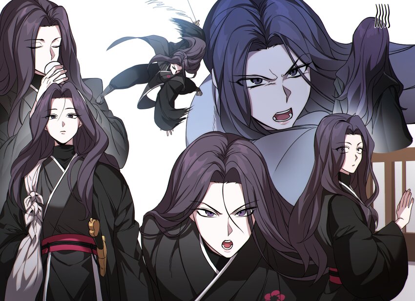 1girl, absurdres, black_robe, closed_eyes, cup, full_body, furrowed_brow, ghkrnlrpseb, highres, holding, holding_sword, holding_weapon, jian_(weapon), korean_clothes, korean_commentary, long_hair, multiple_views, open_mouth, purple_eyes, purple_hair, return_of_the_mount_hua_sect, robe, sheath, sheathed, simple_background, sword, upper_body, weapon, white_background, wide-eyed, wuxia, yu_iseol_(return_of_the_mount_hua_sect)