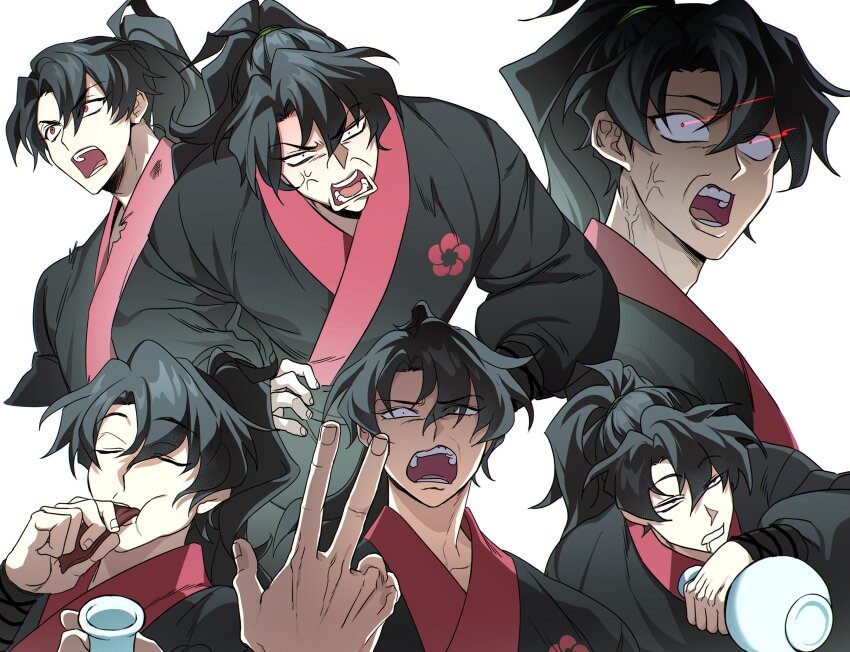 1boy, absurdres, alcohol, anger_vein, black_hair, black_robe, bottle, cheongmyeong_(return_of_the_mount_hua_sect), closed_eyes, eating, food, ghkrnlrpseb, glowing, glowing_eyes, hand_on_own_hip, high_ponytail, highres, holding, holding_bottle, holding_food, jerky, korean_clothes, korean_commentary, long_hair, male_focus, multiple_views, open_mouth, pink_eyes, ponytail, return_of_the_mount_hua_sect, robe, saliva, simple_background, tokkuri, torn_clothes, upper_body, white_background