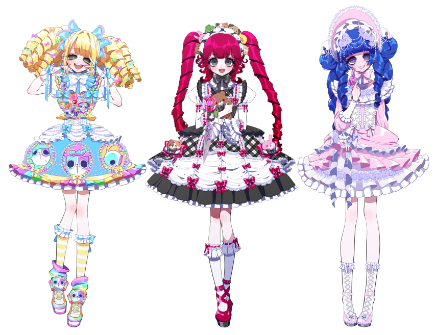 3girls, black_dress, blonde_hair, blue_hair, blush, bonnet, bow, bowtie, cat, commentary_request, cute_weapon, decora, double_bun, dress, drill_hair, flower, frilled_dress, frills, full_body, gothic_lolita, green_eyes, grey_eyes, gun, hair_bow, hair_bun, hair_ribbon, hairband, highres, hime_lolita, holding, holding_gun, holding_knife, holding_stuffed_toy, holding_weapon, knife, leg_warmers, lolita_fashion, long_hair, looking_at_viewer, medium_hair, multiple_girls, open_mouth, original, pink_dress, pink_shoes, purple_eyes, red_footwear, red_hair, ribbon, ringed_eyes, ringlets, rose, shoes, simple_background, smile, sneakers, socks, soroe_katsuo, standing, stuffed_animal, stuffed_toy, sweet_lolita, teddy_bear, twin_drills, twintails, very_long_hair, weapon, white_background, white_socks, yami_kawaii
