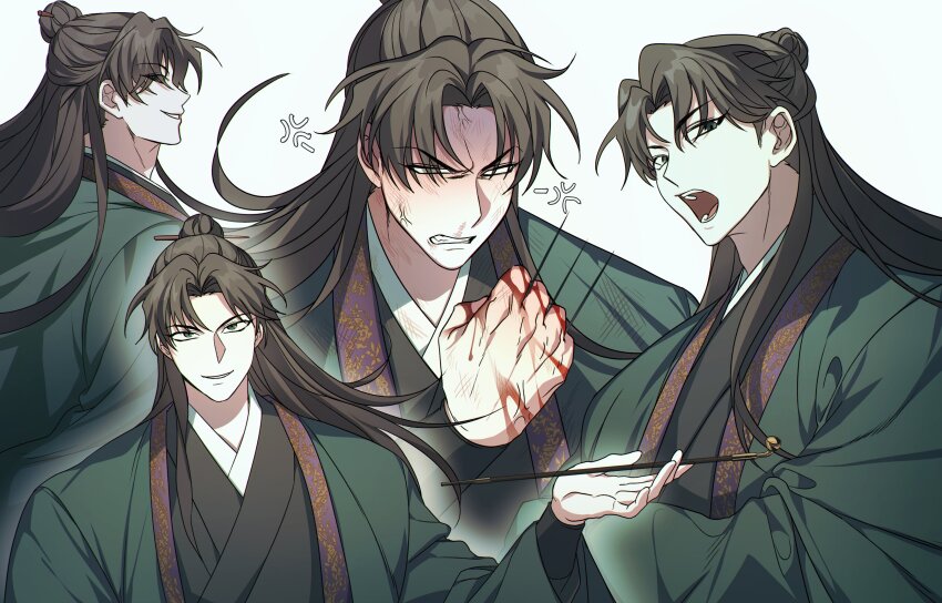 1boy, absurdres, anger_vein, blank_eyes, blood, blood_on_hands, brown_hair, clenched_hand