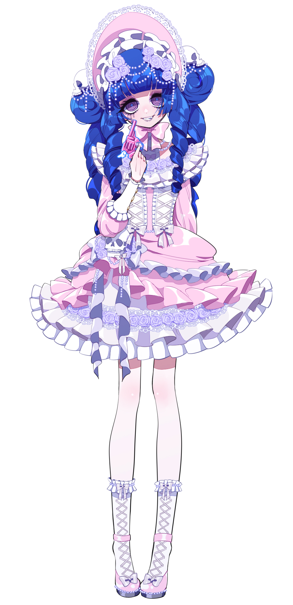 1girl, blue_hair, bonnet, bow, bowtie, commentary_request, cute_weapon, double_bun, dress, flower, frilled_dress, frills, gun, hair_bun, highres, hime_lolita, holding, holding_gun, holding_weapon, lolita_fashion, long_hair, looking_at_viewer, original, pink_dress, pink_shoes, purple_eyes, ringed_eyes, ringlets, rose, shoes, simple_background, socks, solo, soroe_katsuo, sweet_lolita, tachi-e, weapon, white_background, white_socks, yami_kawaii