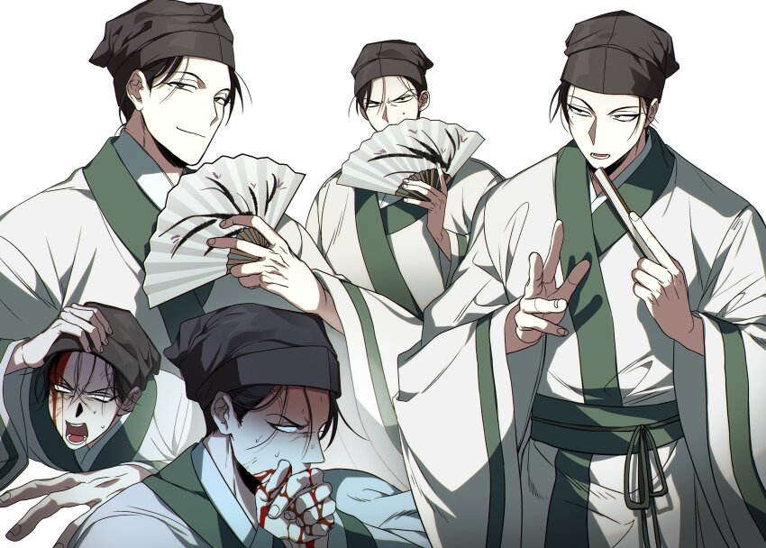 1boy, absurdres, black_hair, blood, blood_on_face, blood_on_hands, brown_hat, covering_own_mouth