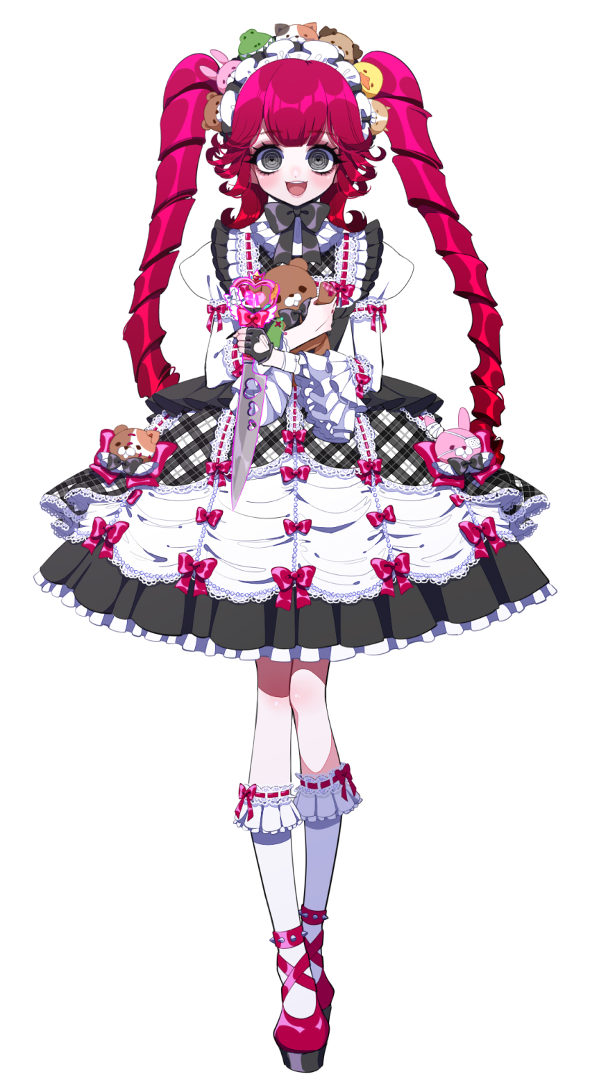 1girl, black_dress, blush, bow, bowtie, commentary_request, dress, drill_hair