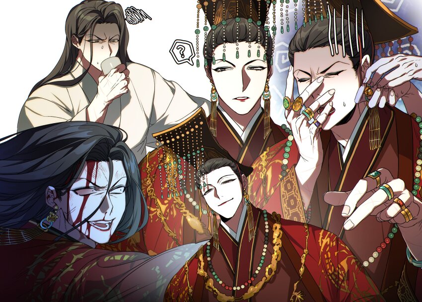 1boy, ?, absurdres, bead_necklace, beads, black_hair, blood, blood_on_face