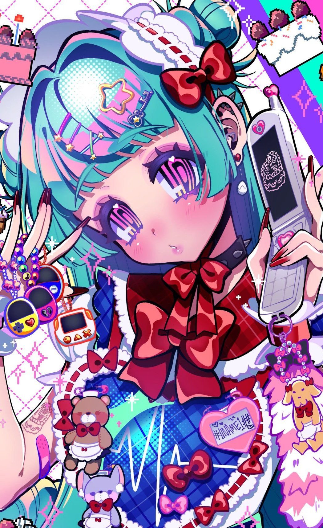 1girl, absurdly_detailed_composition, aqua_hair, blush, bow, bowtie, cellphone, cellphone_charm