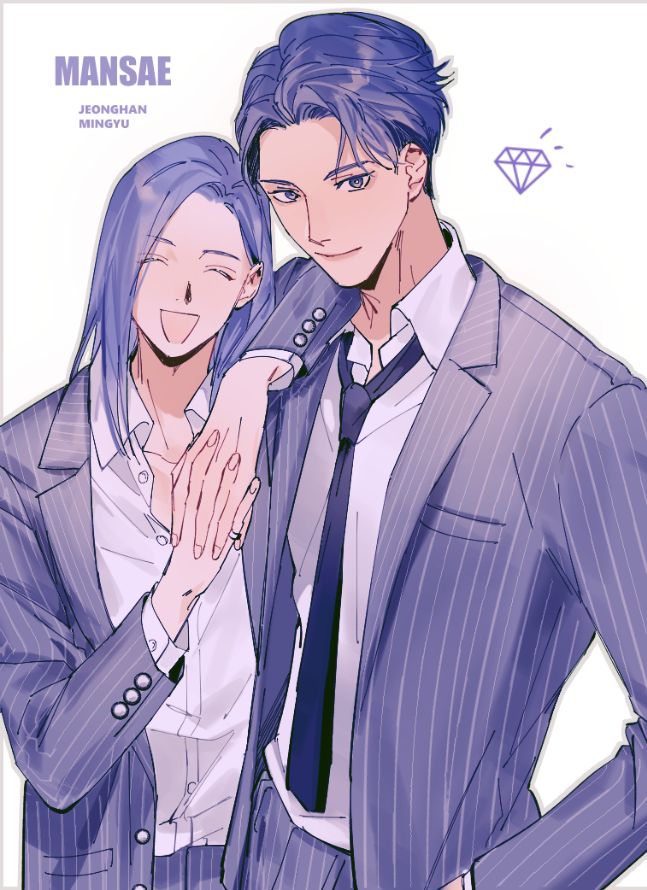 2boys, ^_^, arm_on_another's_shoulder, artist_name_(singer), black_necktie, closed_eyes, closed_mouth, collared_shirt