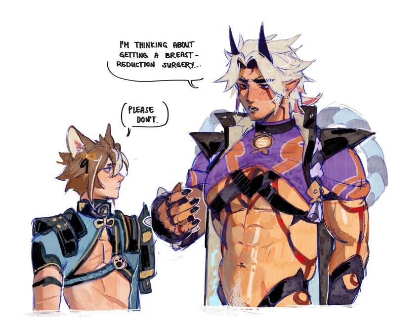 2boys, absurdres, animal_ears, arataki_itto, armor, black_nails, blue_eyes, body_markings