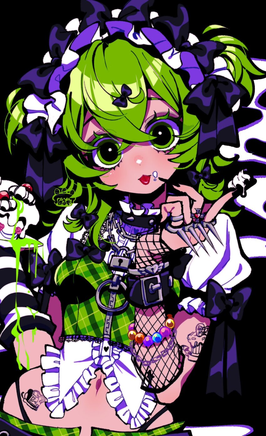 1girl, bead_bracelet, beads, blouse, bracelet, breasts, commentary, fishnet_gloves