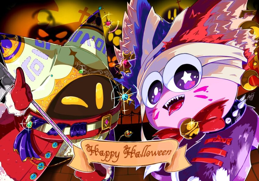 alternate_costume, animal_ears, anklet, bandages, bell, belt, belt_collar, blue_hat, bow, bowtie, bright_pupils, cape, collar, colored_skin, commentary_request, covered_mouth, crescent, cross, ear_covers, facial_mark, fangs, fur-trimmed_gloves, fur_trim, gloves, halloween, halloween_costume, happy_halloween, hat, holding, holding_scepter, jack-o'-lantern, jester_cap, kanatera_k, kirby_(series), magolor, marx_(kirby), mismatched_pupils, neck_bell, nintendo, no_humans, one_eye_closed, open_mouth, purple_eyes, purple_footwear, purple_skin, rayman_limbs, red_bow, red_bowtie, red_cape, red_gloves, red_hat, red_scarf, scarf, scepter, sharp_teeth, sharp_tongue, shoes, smile, solid_oval_eyes, spiked_anklet, spikes, star-shaped_pupils, star_(symbol), symbol-shaped_pupils, teeth, two-tone_headwear, whisker_markings, white_belt, white_hood, white_pupils, wolf_ears, yellow_eyes