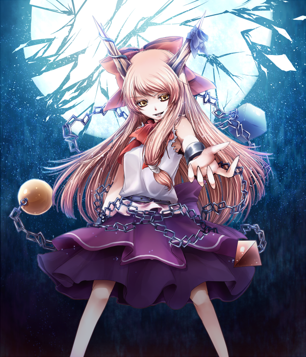 1girl, bad_id, bad_pixiv_id, beckoning, belt, blonde_hair, broken, chain