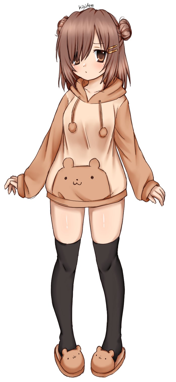 1girl, animal_slippers, bear_slippers, brown_eyes, brown_hair, commentary, double_bun, drawstring