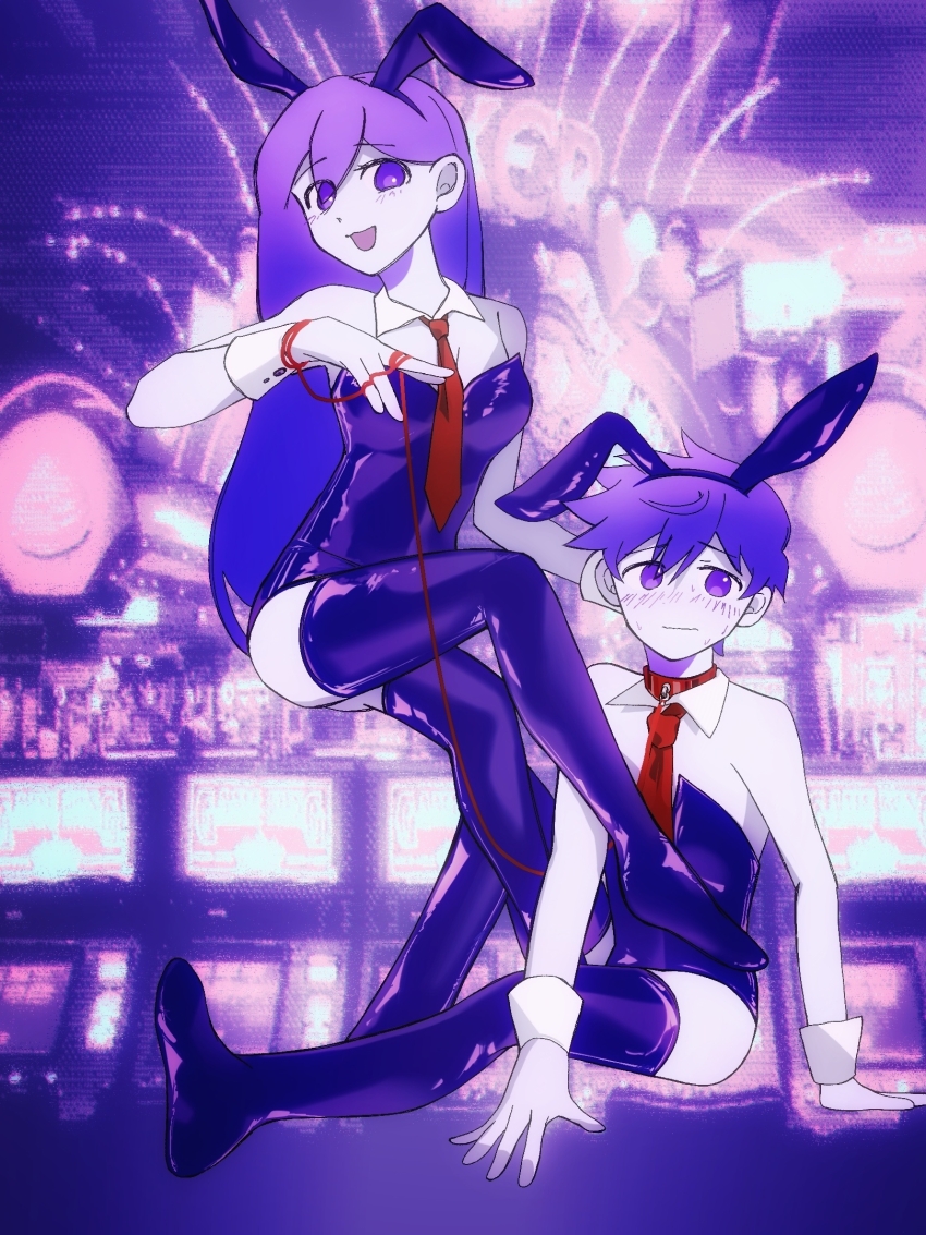 1boy, 1girl, aeanne, animal_ears, bare_shoulders, black_hairband, black_thighhighs, blush