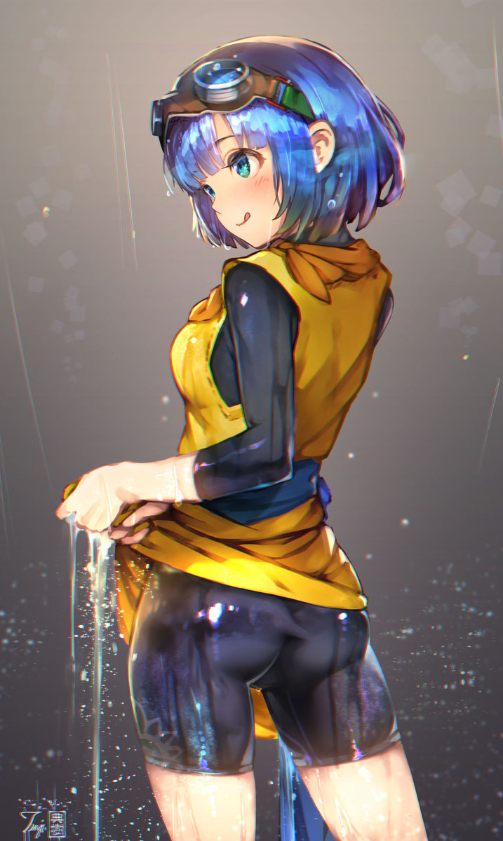 1girl, aqua_eyes, ass, bike_shorts, bike_shorts_under_skirt, blue_hair, blunt_bangs, bob_cut