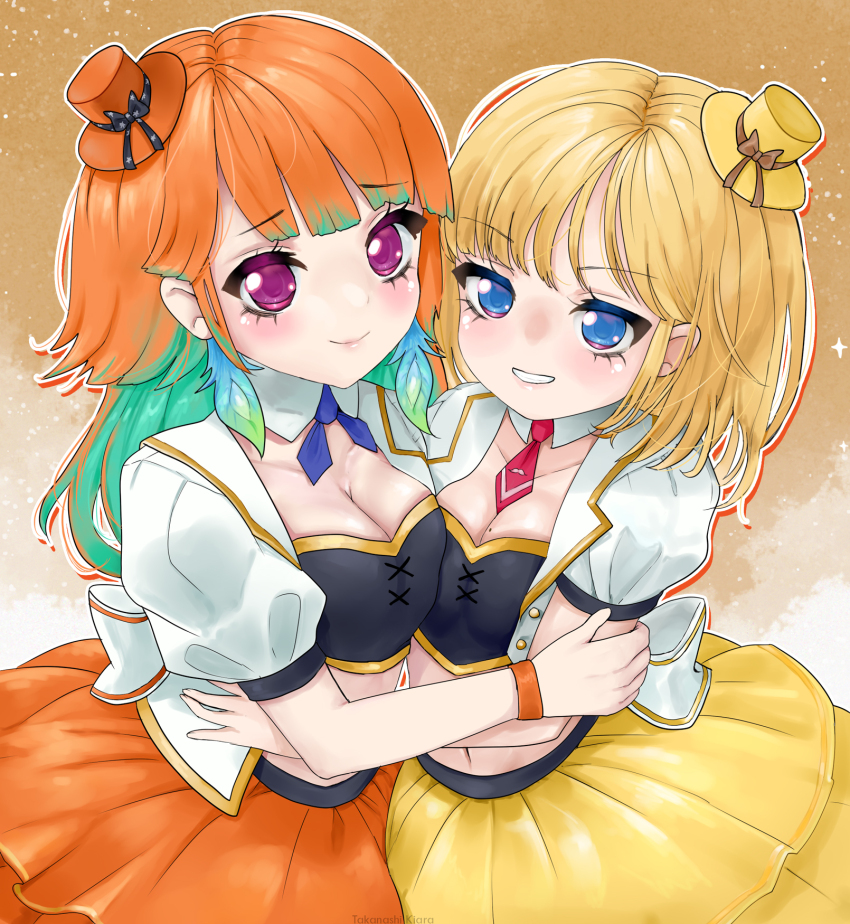 2girls, blonde_hair, blue_eyes, blush, breasts, cleavage, commentary, earrings