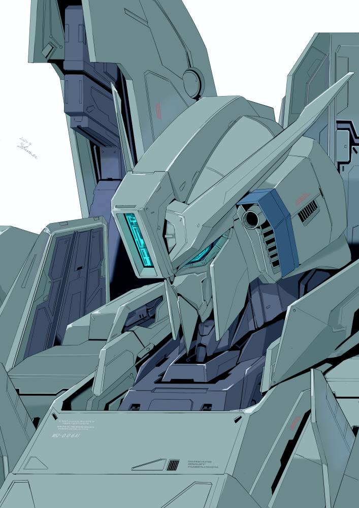 2024, blue_eyes, commentary_request, dated, glowing, glowing_eyes, gun, gundam, gundam_sentinel, kurashou_shumei, machine_gun, machinery, mecha, mecha_focus, mobile_suit, no_humans, portrait, robot, signature, upper_body, v-fin, weapon, when_you_see_it, zeta_plus