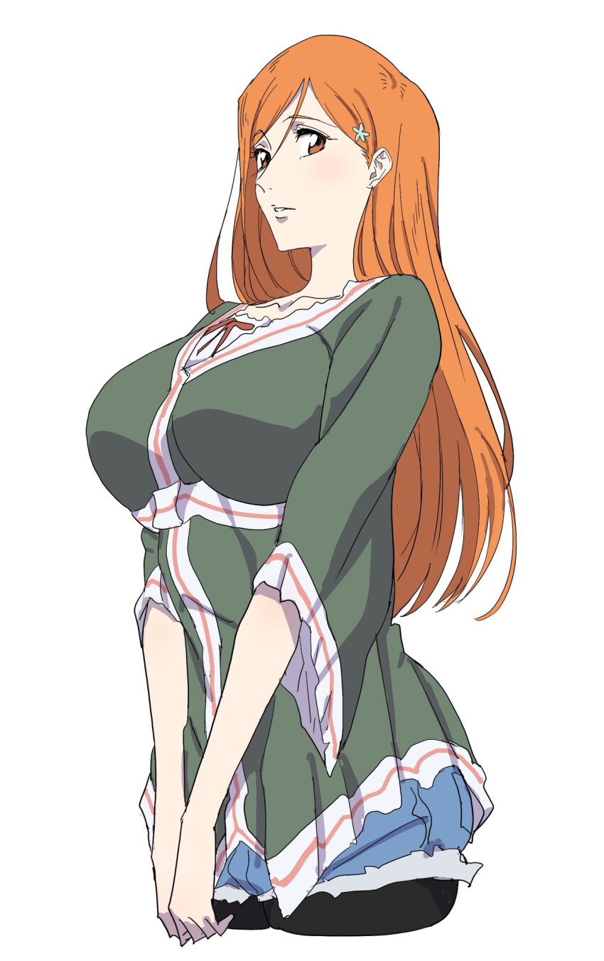 1girl, black_pantyhose, bleach, blue_shorts, breasts, collarbone, cropped_legs, denim