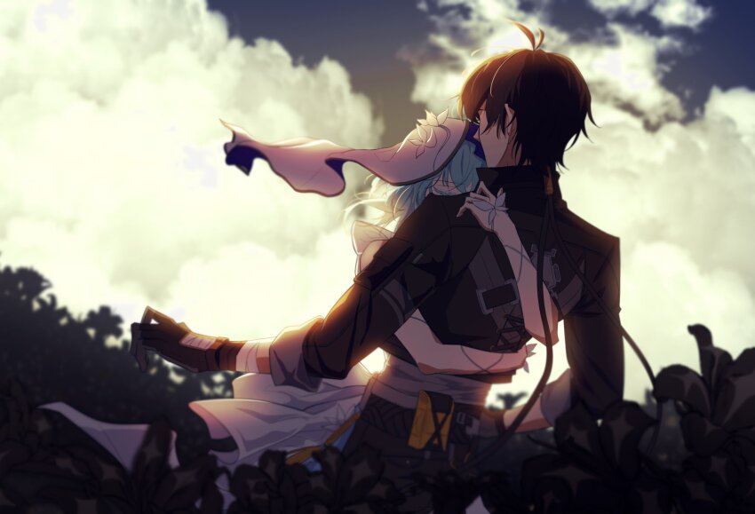 1boy, 1girl, antenna_hair, arm_around_another's_waist, backlighting, black_hair, blue_hair, closed_eyes, cloud, cloudy_sky, colored_eyelashes, commentary, couple, cowboy_shot, day, dooyam_830, floating_clothes, hetero, highres, hug, korean_commentary, male_rover_(wuthering_waves), outdoors, profile, rover_(wuthering_waves), shorekeeper_(wuthering_waves), short_hair, sky, u_u, veil, very_short_hair, white_veil, wuthering_waves