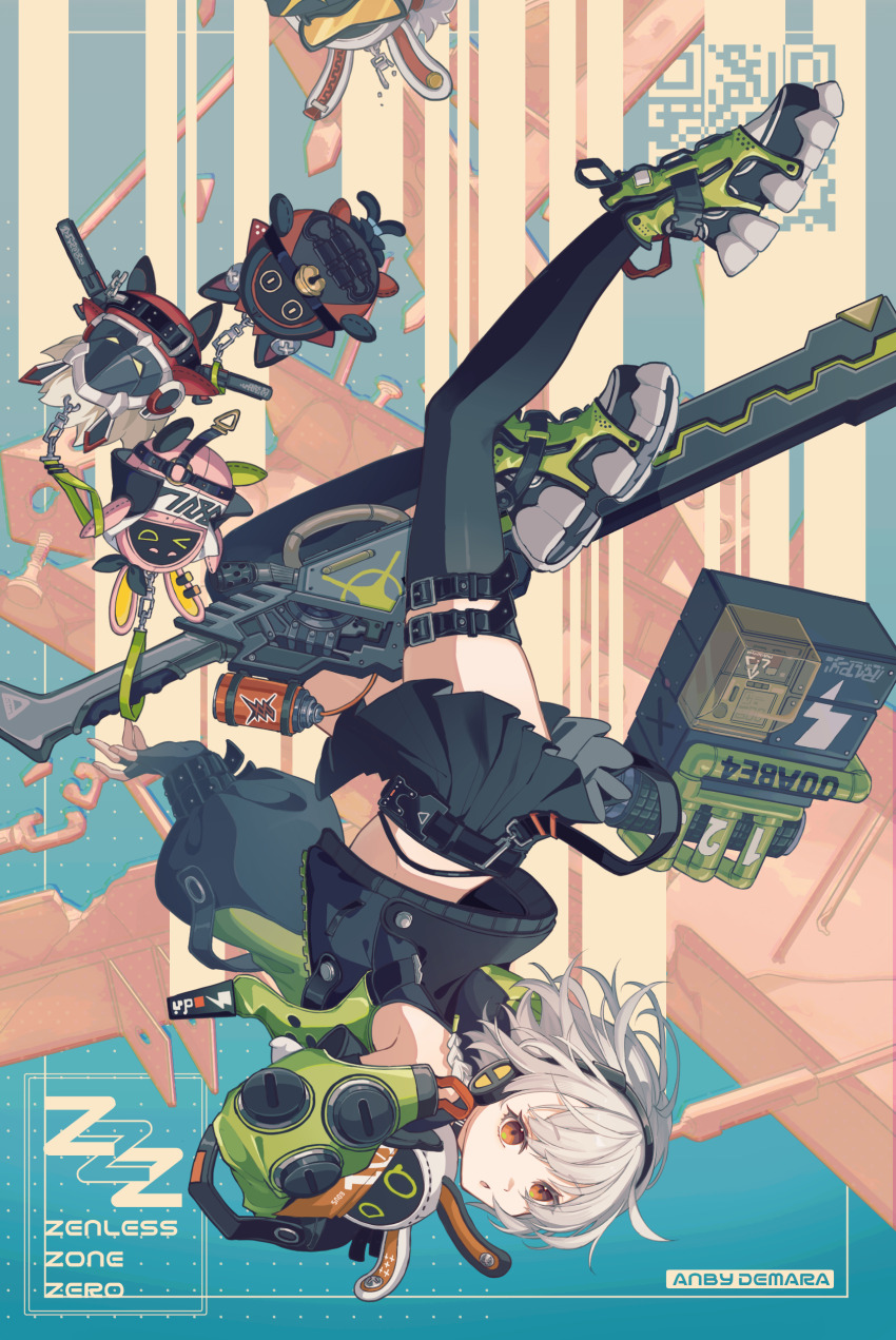 1girl, absurdres, anby_demara, bangboo_(zenless_zone_zero), bare_shoulders, belt, black_skirt, black_thighhighs