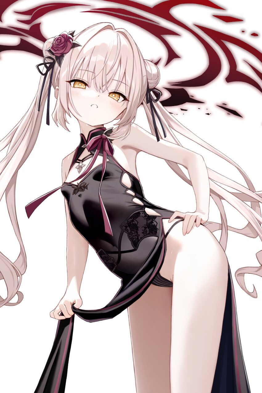 1girl, alternate_costume, alternate_hairstyle, bare_shoulders, black_dress, black_halo, black_panties, black_ribbon