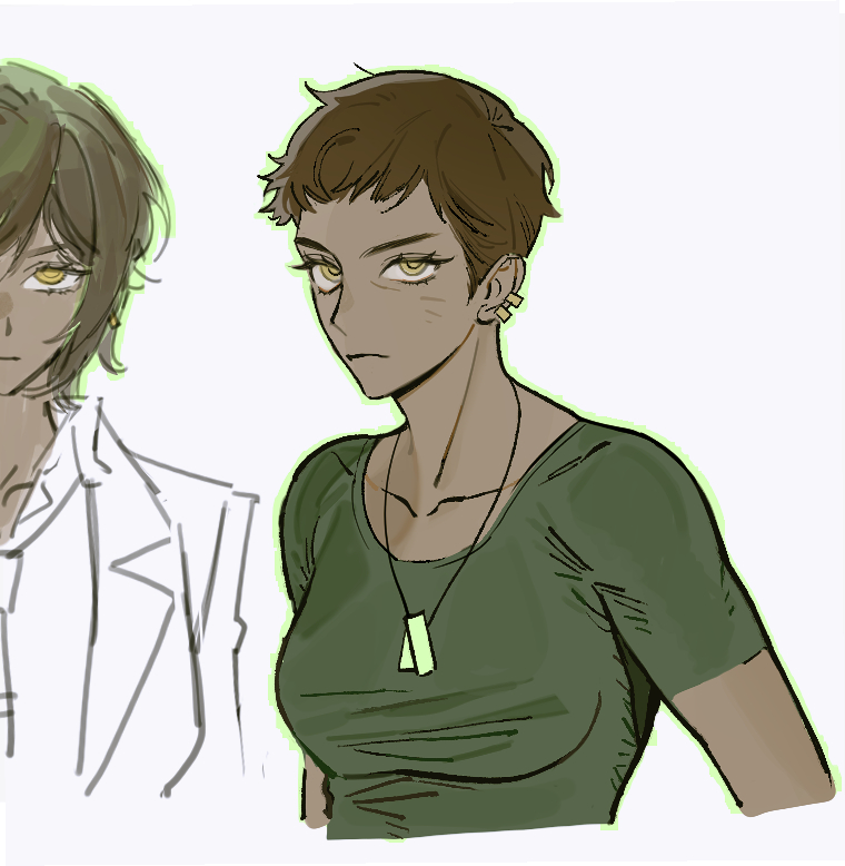 1girl, alternate_costume, alternate_hairstyle, brown_hair, collarbone, dark-skinned_female, dark_skin, dog_tags