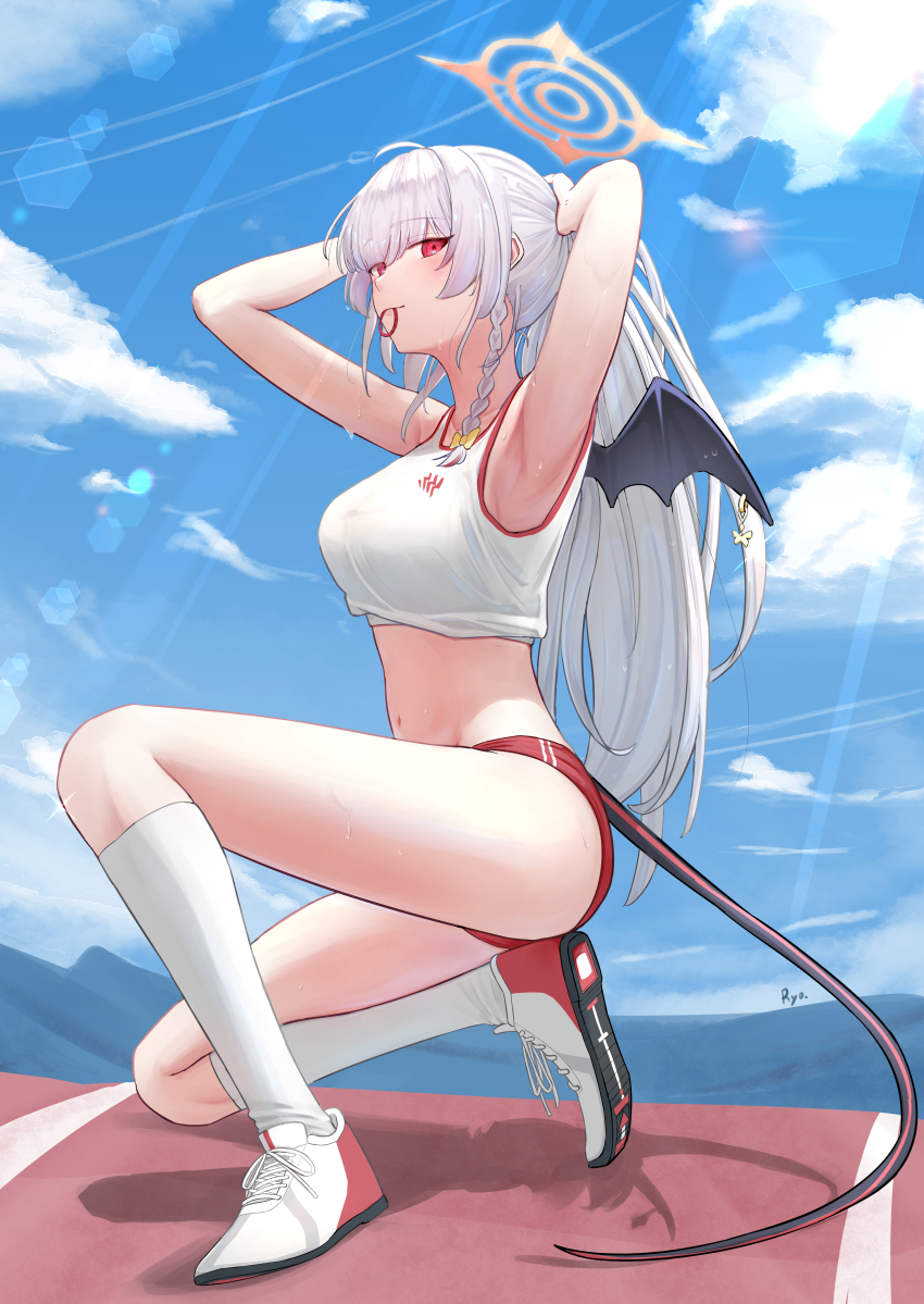 1girl, absurdres, alternate_costume, alternate_hairstyle, armpits, arms_up, blue_archive, blue_sky