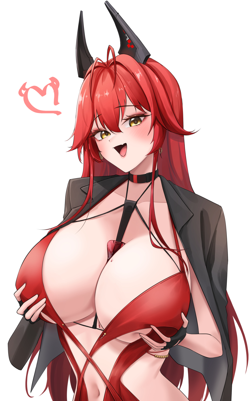 1girl, :d, absurdres, alcohol, antenna_hair, between_breasts, black_choker, black_gloves