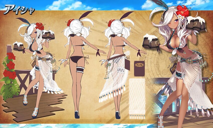 1girl, aisha_(ta_ga_tame_no_alchemist), beer_mug, bikini, black_bikini, breasts, brown_background, character_name, reference_sheet, closed_mouth, commentary_request, cup, flower, from_behind, full_body, hair_flower, hair_ornament, hibiscus, large_breasts, mug, no_socks, official_art, red_flower, sandals, second-party_source, simple_background, smile, standing, swimsuit, ta_ga_tame_no_alchemist, thigh_strap, twintails, white_hair