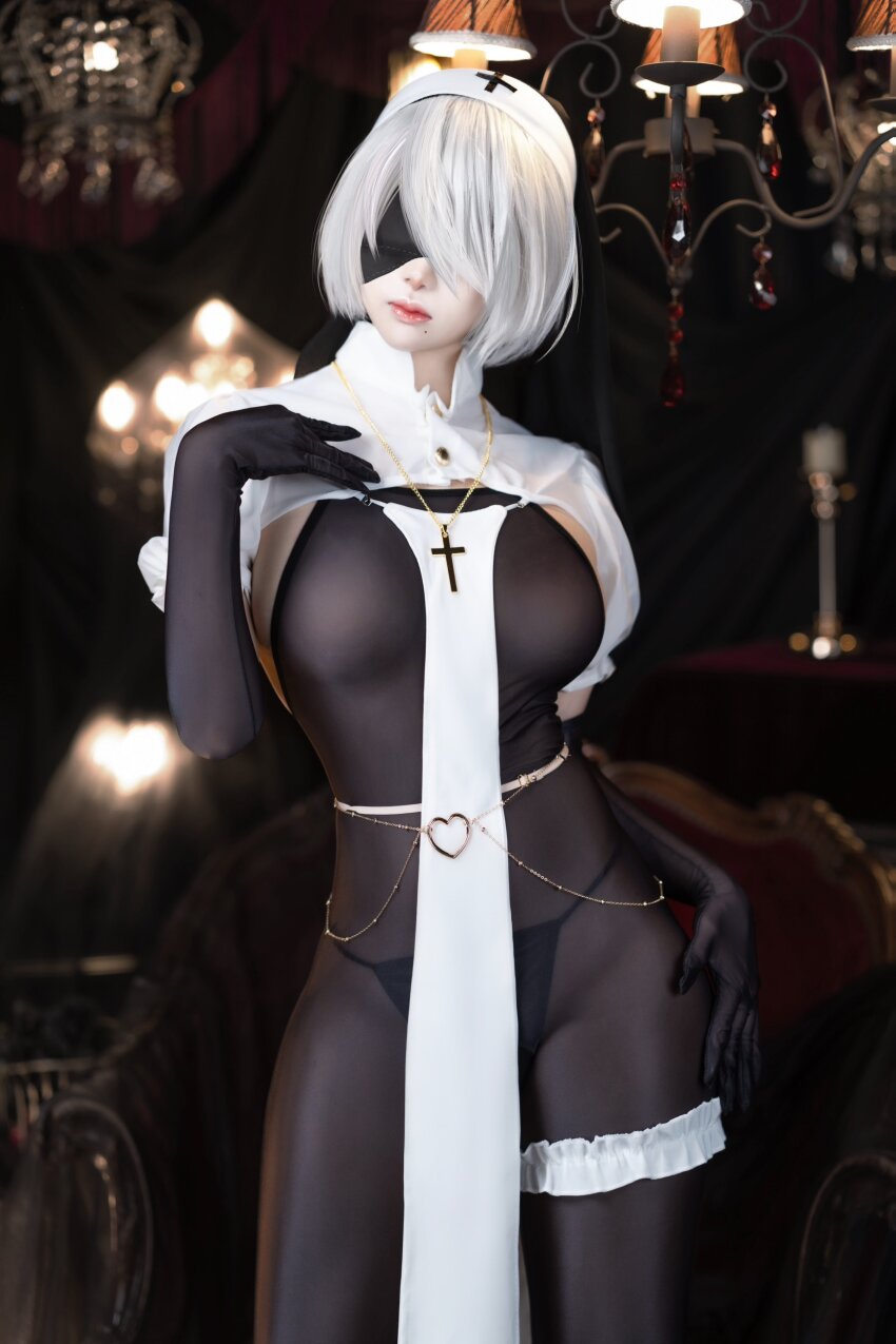1girl, 2b_(nier:automata), absurdres, alternate_costume, arm_up, artist_name, black_gloves, black_leotard, black_panties, black_pantyhose, blindfold, blurry, blurry_background, bob_cut, breasts, chair, chandelier, character_name, clenched_hands, closed_mouth, clothing_cutout, collarbone, collared_shirt, commentary, contrapposto, cosplay_photo, cross, elbow_gloves, female_focus, frilled_shirt, frills, gloves, hand_on_own_hip, head_tilt, headscarf, heart, highres, holding, indoors, jewelry, katana, large_breasts, leotard, mole, mole_under_mouth, nier:automata, nier_(series), nun, panties, pantyhose, pelvic_curtain, photo_(medium), photo_(object), pink_lips, puutin_cos, real_life, shirt, short_hair, short_sleeves, side_cutout, solo, standing, standing_on_one_leg, sword, thick_lips, thighlet, title, underwear, weapon, white_hair