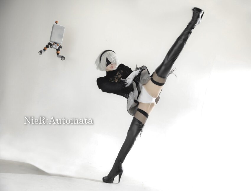 1girl, 2024, 2b_(nier:automata), action, arm_up, artist_name, basement, black_boots