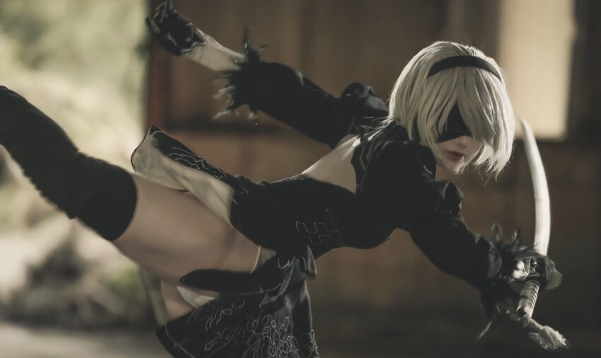 1girl, 2024, 2b_(nier:automata), action, arm_up, artist_name, back_cutout, basement