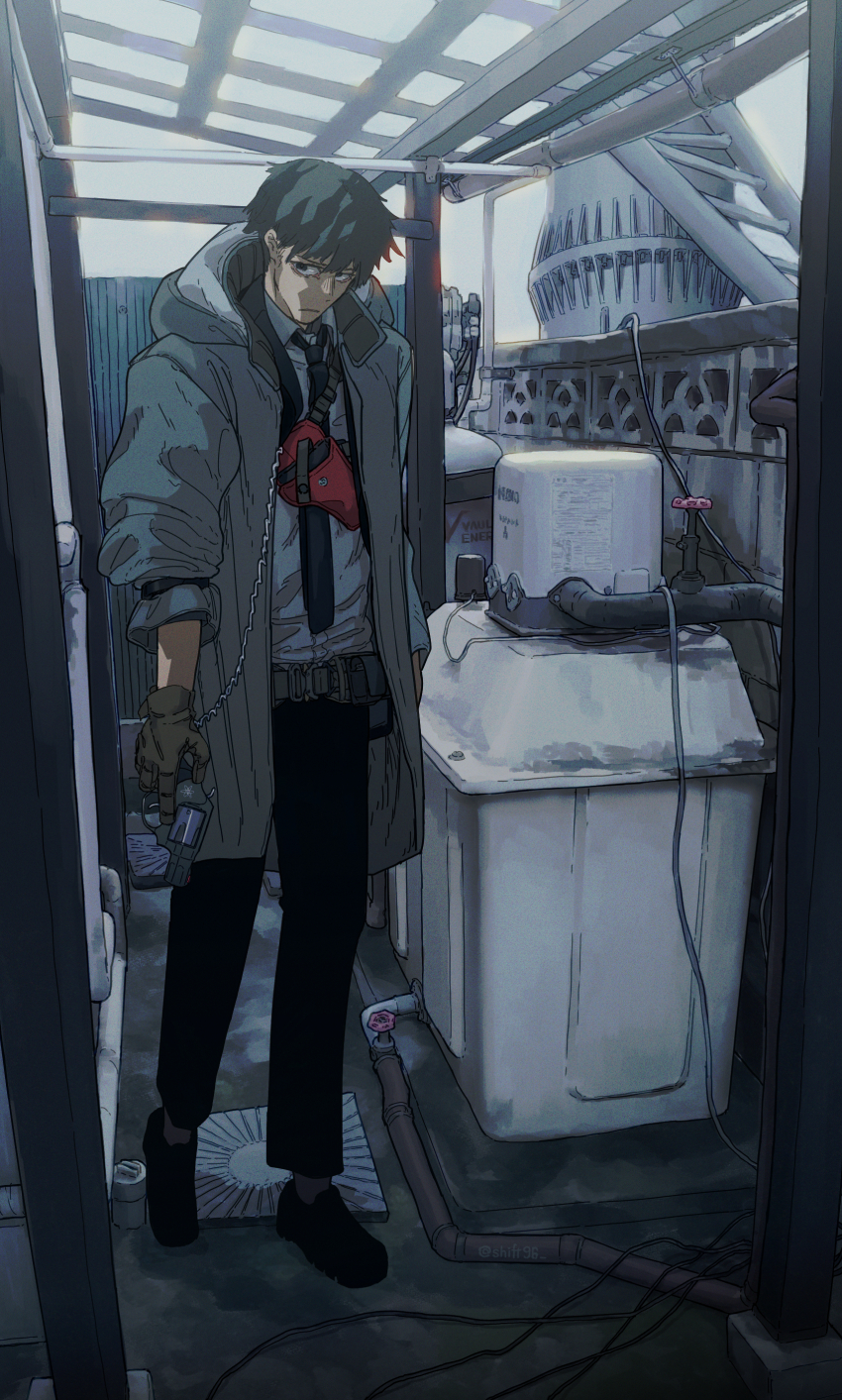 1boy, absurdres, artist_name, black_eyes, black_necktie, brown_gloves, collared_shirt, commentary