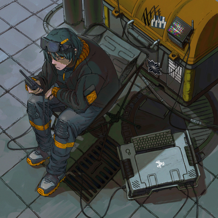 1boy, artist_name, chair, commentary, computer_keyboard, cyberpunk, eyewear_on_head, folding_chair