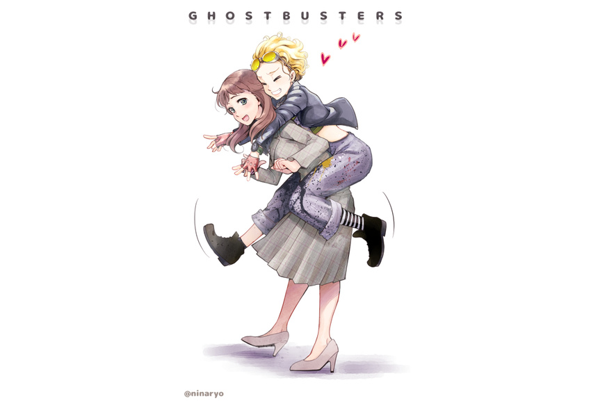 2girls, blonde_hair, brown_hair, ghostbusters, ghostbusters_(2016), happy, jillian_holtzmann, multiple_girls, simple_background, white_background, yuri