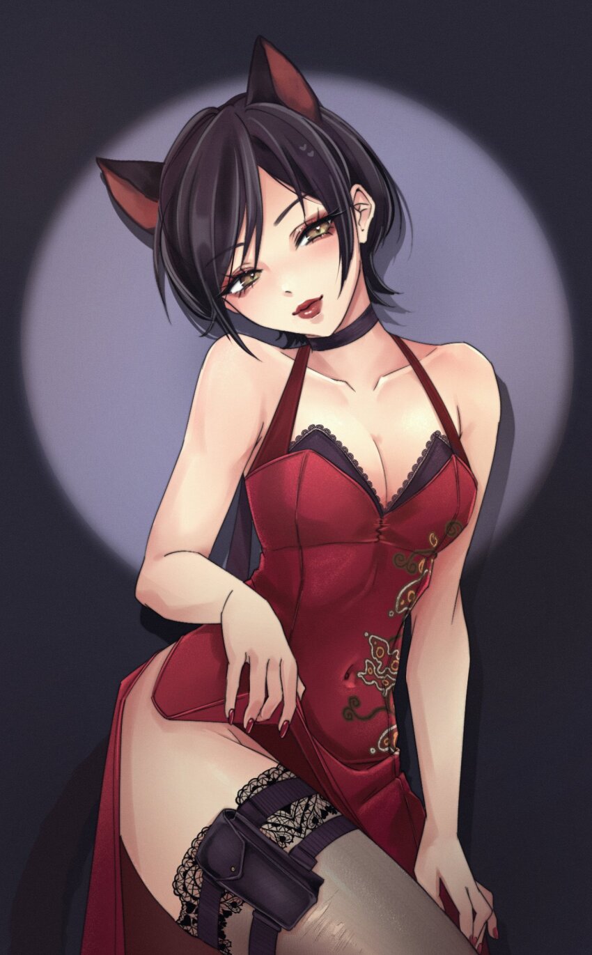 1girl, ada_wong, animal_ears, bare_shoulders, basedkawaii, black_choker, black_hair, breasts, cat_ears, cat_tail, china_dress, chinese_clothes, choker, cleavage, clothes_lift, clothing_cutout, collarbone, covered_navel, cowboy_shot, dress, dress_lift, extra_ears, fingernails, grey_background, halterneck, head_tilt, highres, kemonomimi_mode, lace, lace-trimmed_thighhighs, lace_trim, lifting_own_clothes, long_fingernails, looking_at_viewer, medium_breasts, parted_bangs, pouch, red_dress, red_lips, red_nails, resident_evil, short_hair, side_slit, simple_background, spotlight, tail, tail_through_clothes, thigh_pouch, thigh_strap, thighhighs, yellow_eyes