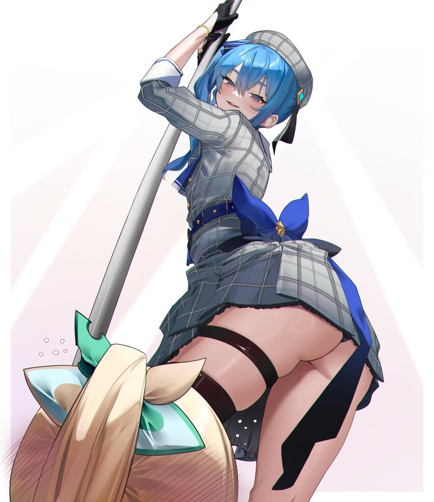 2girls, absurdres, arched_back, ascot, ass, back_bow, bead_bracelet, beads, belt, beret, black_gloves, black_panties, black_thighhighs, blue_ascot, blue_belt, blue_bow, blue_eyes, blue_hair, blue_ribbon, bow, bracelet, commentary, double-parted_bangs, eredhen, evil_smile, foreshortening, from_below, gloves, grey_hat, grey_jacket, grey_skirt, hair_between_eyes, hair_ribbon, hat, head_blush, highres, hololive, hololive_grand_theft_auto, hoshimachi_suisei, hoshimachi_suisei_(1st_costume), jacket, jewelry, kazama_iroha, kazama_iroha_(1st_costume), looking_at_another, medium_hair, miniskirt, multiple_girls, panties, pantyshot, partially_fingerless_gloves, plaid_clothes, plaid_hat, plaid_jacket, plaid_skirt, pleated_skirt, pole, pole_dancing, ribbon, seductive_smile, side_ponytail, sidelocks, single_thighhigh, skirt, skirt_set, sleeve_cuffs, three-quarter_sleeves, smile, solo_focus, stripper_pole, thigh_strap, thighhighs, underwear, upskirt, virtual_youtuber