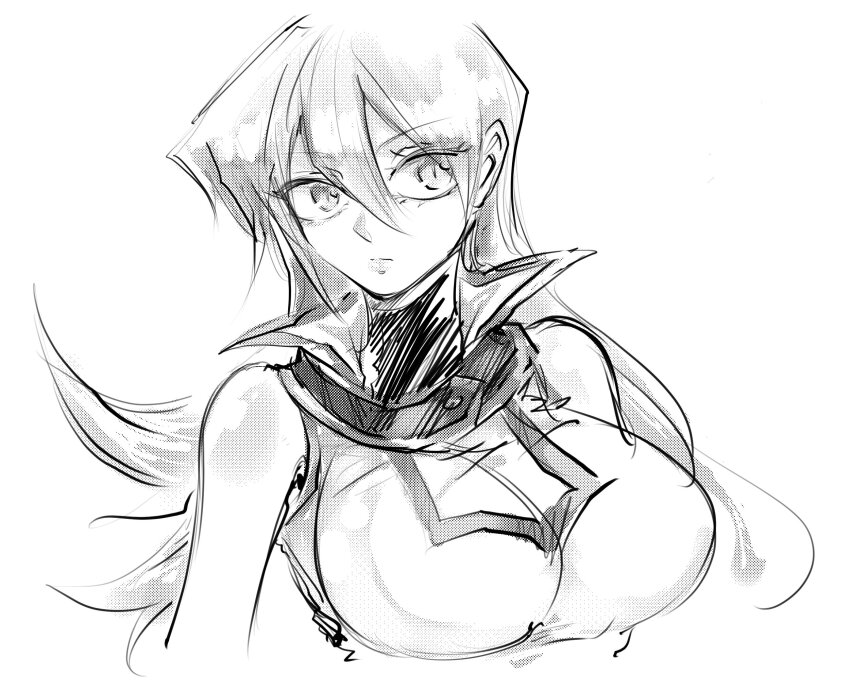 1girl, bare_shoulders, breasts, closed_mouth, cropped_torso, duel_academy_uniform_(yu-gi-oh!_gx), greyscale, hair_between_eyes