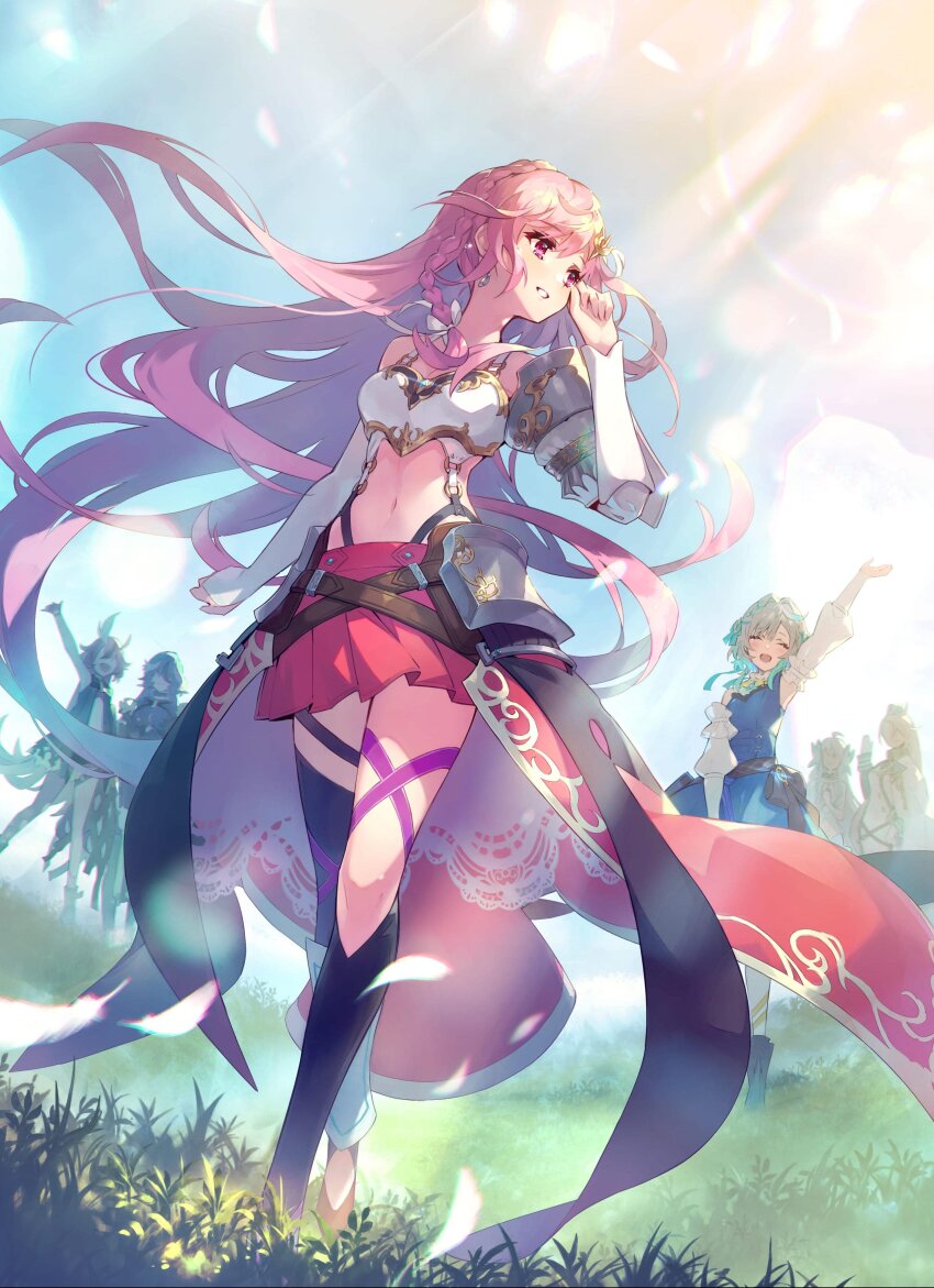 6+girls, ^_^, absurdres, ahoge, arm_up, armor, blue_dress, blurry, blurry_background, braid, breastplate, closed_eyes, closed_mouth, commentary_request, detached_sleeves, dress, elbow_gloves, floating_hair, gloves, grass, hand_up, hat, hercule_(phantom_of_the_kill), high_heels, highres, long_hair, long_sleeves, mac_lir_(phantom_of_the_kill), manannan_(phantom_of_the_kill), midriff, military_uniform, mimir_(phantom_of_the_kill), multicolored_hair, multiple_girls, official_art, open_mouth, parted_lips, phantom_of_the_kill, pink_eyes, pink_hair, plain, pleated_skirt, ragnarok_(phantom_of_the_kill), red_skirt, second-party_source, shin_guards, shoulder_armor, single_thighhigh, skirt, smile, standing, streaked_hair, teardrop, thigh_strap, thighhighs, tyrfing_(phantom_of_the_kill), very_long_hair, walking, waving