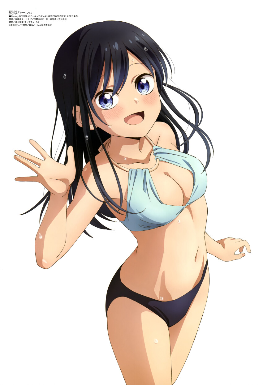 1girl, absurdres, bare_shoulders, bikini, black_bikini, black_hair, blue_eyes, blush, breasts, cleavage, giji_harem, highres, large_breasts, long_hair, looking_at_viewer, magazine_scan, megami_magazine, midriff, mismatched_bikini, nanakura_rin, navel, official_art, open_mouth, satou_yoshihisa, scan, simple_background, smile, solo, swimsuit, thighs, wet, white_background