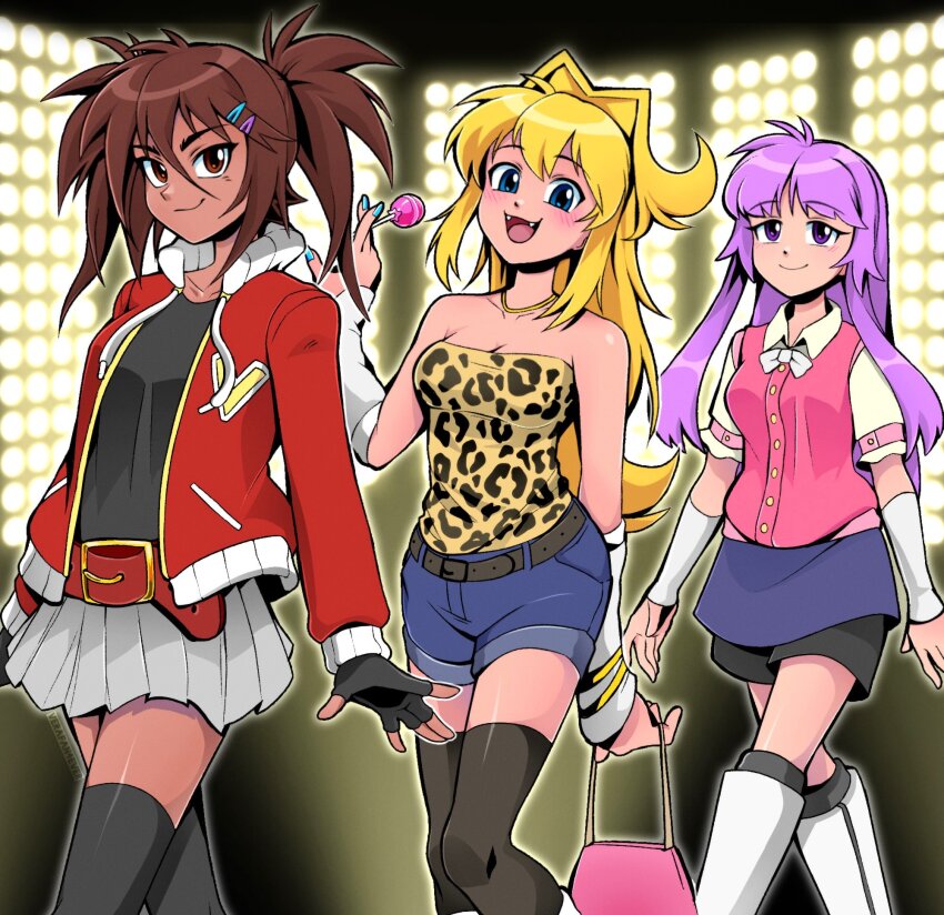 3girls, animal_print, blush, breasts, brown_hair, caramella_girls, cleavage, colored_eyelashes, dark-skinned_female, dark_skin, fangs, gyaru, highres, leopard_print, long_hair, looking_at_viewer, medium_breasts, medium_hair, mindy_(caramella_girls), multiple_girls, nadine_(caramella_girls), open_mouth, ponytail, purple_hair, skirt, small_breasts, smile, tan, thighhighs, vera_(caramella_girls), verafan4ever, walking, zettai_ryouiki