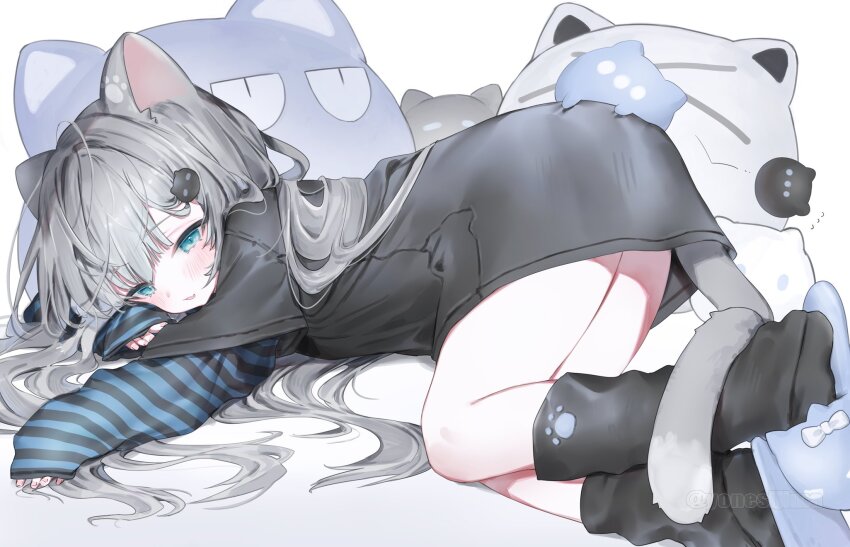 1girl, :d, animal_ears, black_shirt, black_socks, blue_eyes, cat-shaped_pillow, cat_ears
