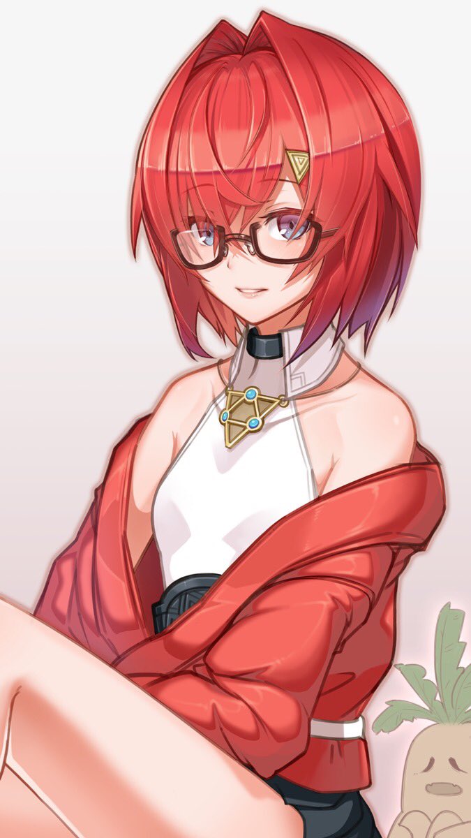 1girl, ange_katrina, ange_katrina_(summer_casual), armpit_crease, bare_shoulders, belt, black-framed_eyewear, black_skirt