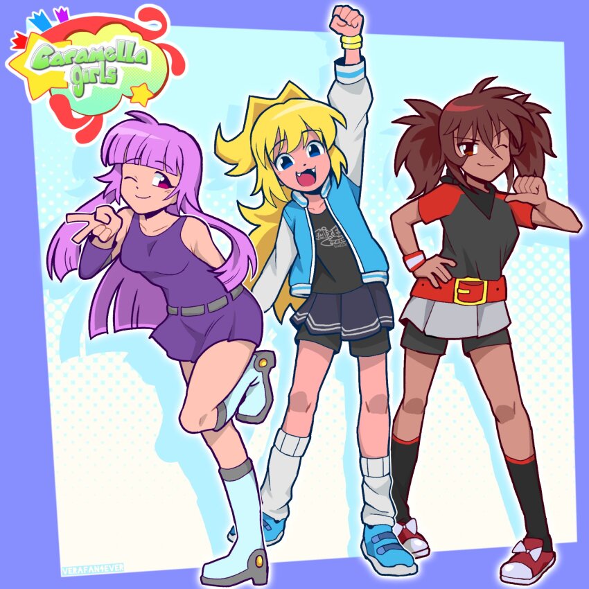 3girls, arm_up, blonde_hair, breasts, brown_hair, caramella_girls, clothes_writing, commentary