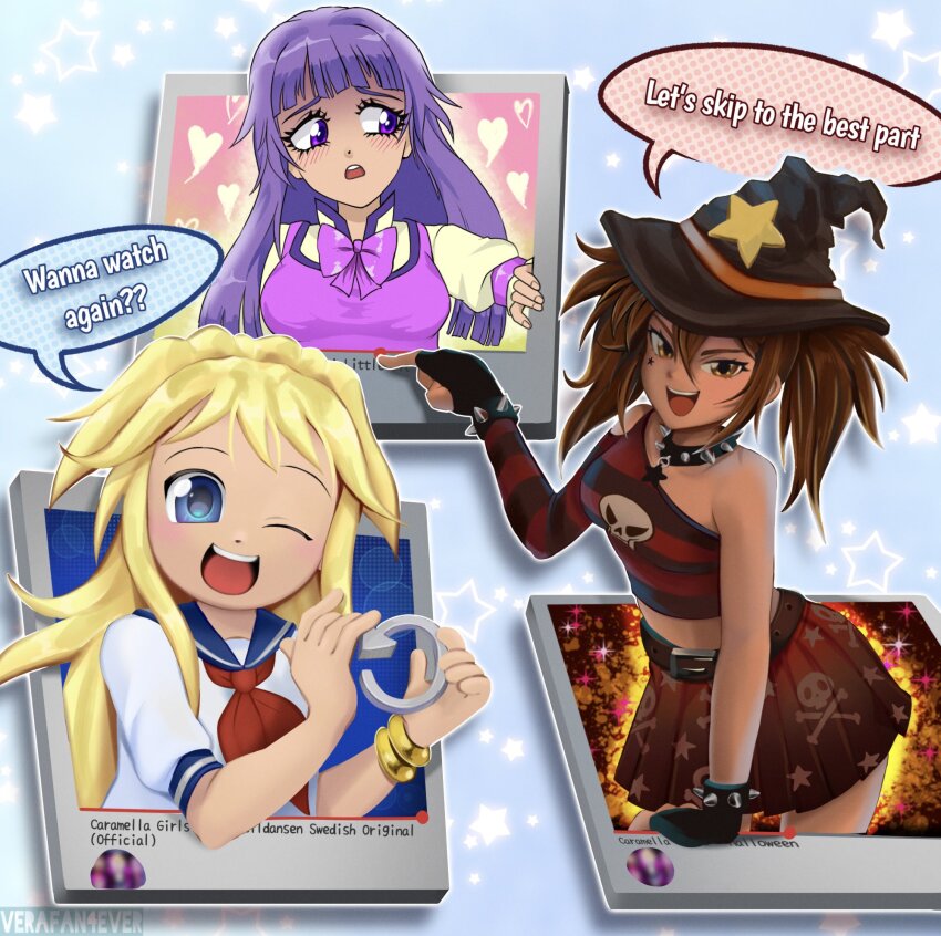 2000s_(style), 3girls, blonde_hair, blue_eyes, blush, bow, bowtie, breasts